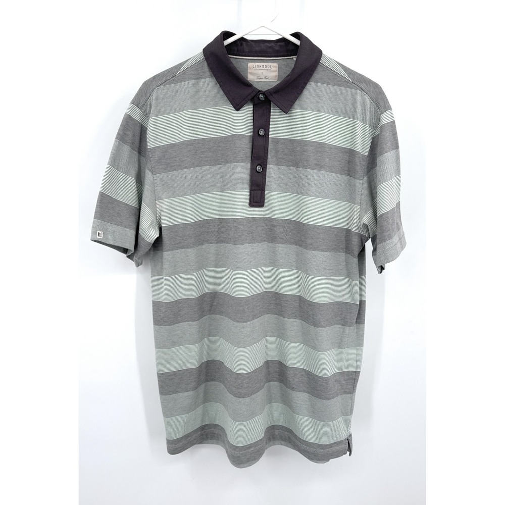 Linksoul Polo Shirt Men Sz L Green Striped Short Sleeve Golf‎ Tempus Fugit